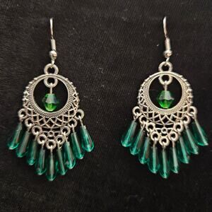 Antique silver filigree and green glass crystal chandelier earrings